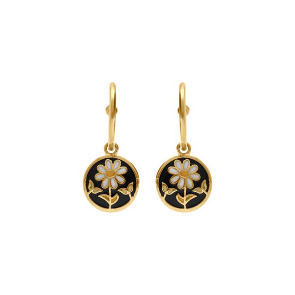 Boucles d'oreilles Tige Acier 316 L Doré Rond Fleurs Fond Résine Noire