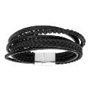 Bracelet Acier 316 L Cuir Noir Multi Fils Boules Pierres de Lave Double Fermoir 20 cm