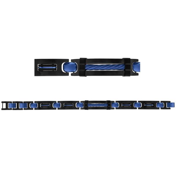 Bracelet Acier 316 L Noir Plaque Gros Cable Bleu 3 Fermoirs Reglable