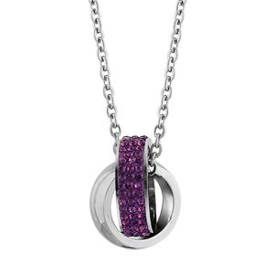 Collier Acier 316 L Pendentif Double Anneaux Entremêlés Lisse et Strass Violet