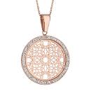 Collier Acier 316 L Rose Pendentif Rond Motif Rosace Contour Strass Blanc