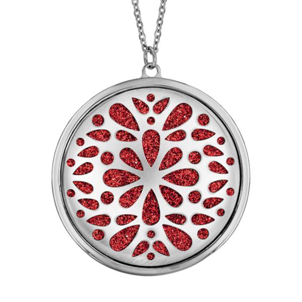 Collier Acier 316 L Pendentif Rond Motif Fleurs Glitter Rouge Scintillant