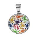 Pendentif Acier 316 L Rond Bombé avec Nacre Motif Fleurs Colorées