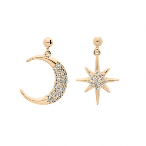 Boucles d'oreilles Plaqué Or Lune et Soleil avec Zirconium