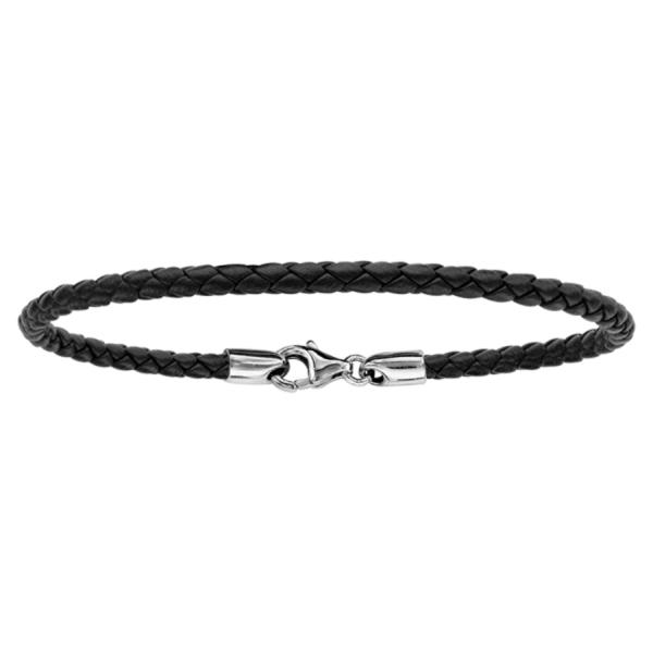 Bracelet Argent 925 pour Charms Cuir Tressé Noir 17,5 cm