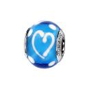 Charms Argent 925 Perle Murano Bleu Coeur Blanc