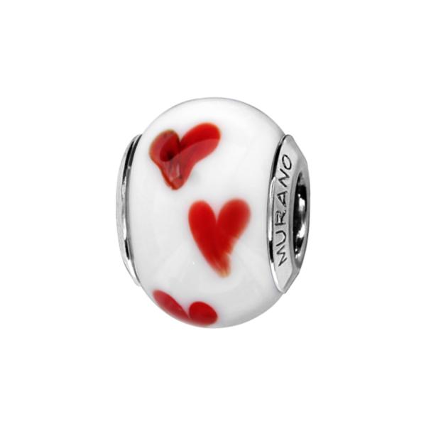 Charms Argent 925 Perle Murano Blanc Coeur Rouge