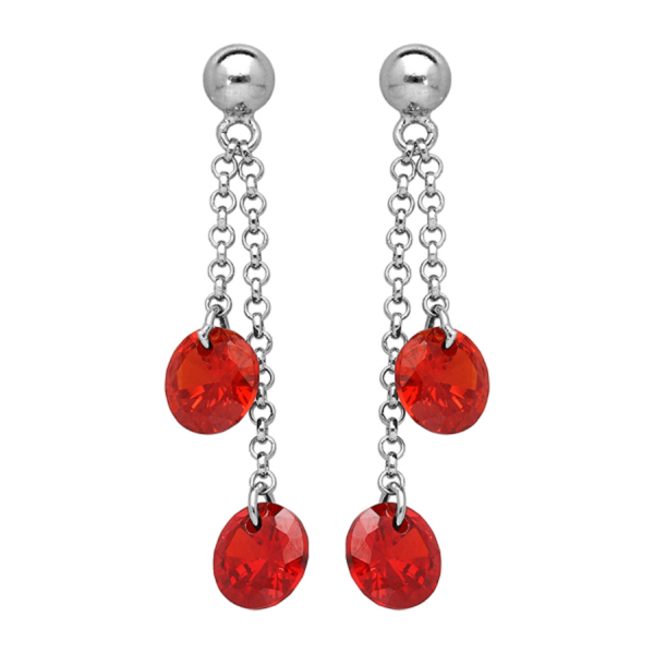 Boucles d'oreilles Argent 925 Double Chainette Pierre Synthese Rouge 