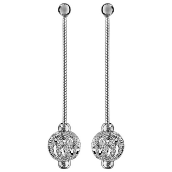 Boucles d'oreilles Argent 925 Longues Boule Diamanté Vague