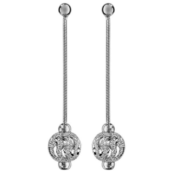 Boucles d'oreilles Argent 925 Longues Boule Diamanté Vague