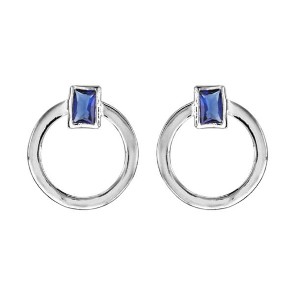 Boucles d'Oreilles Argent 925 Cercle et Zirconium Rectangle Bleu