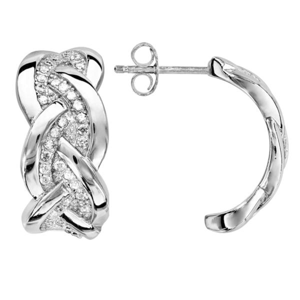 Boucles d'oreilles Argent 925 Demi Créoles Tressée Zirconium Sertis