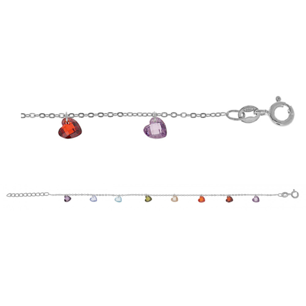 Bracelet Argent 925 Paladium Pampilles Coeurs Multi Couleurs