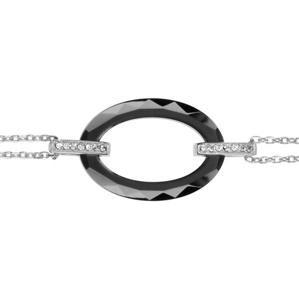 Bracelet Argent 925 Motif Ovale Céramique Noire et Zirconium Sertis