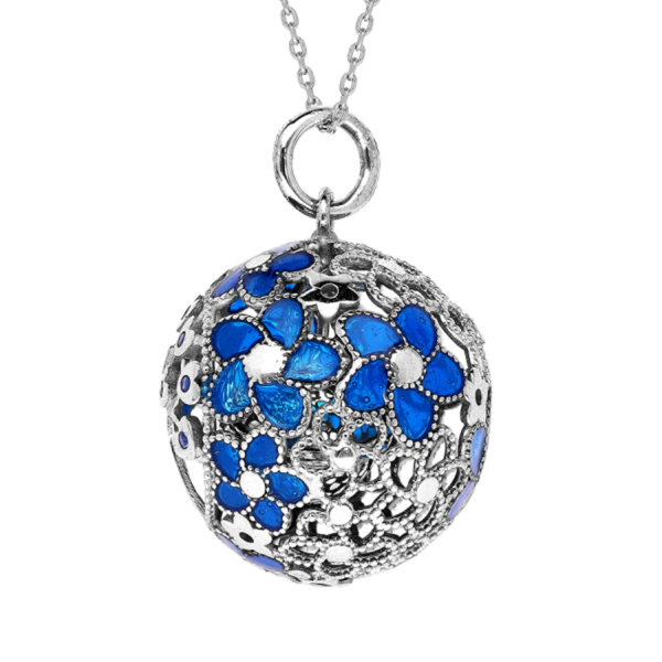 Collier Argent 925 Bola de Grossesse Fleurs Bleues Ajourés 