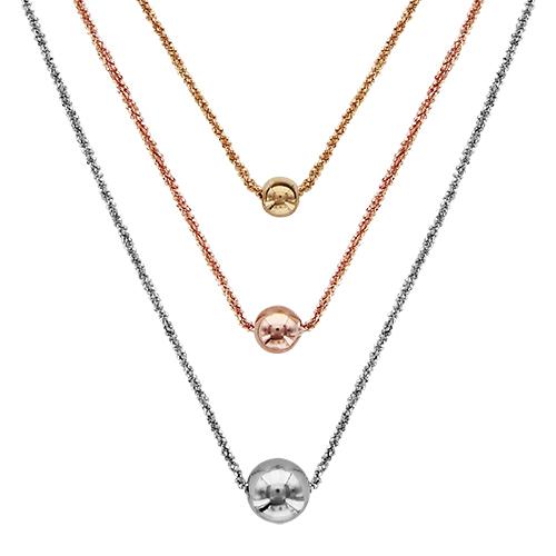 Collier Argent 925 Triple Chaines Boules Couleur Rose Jaune Gris