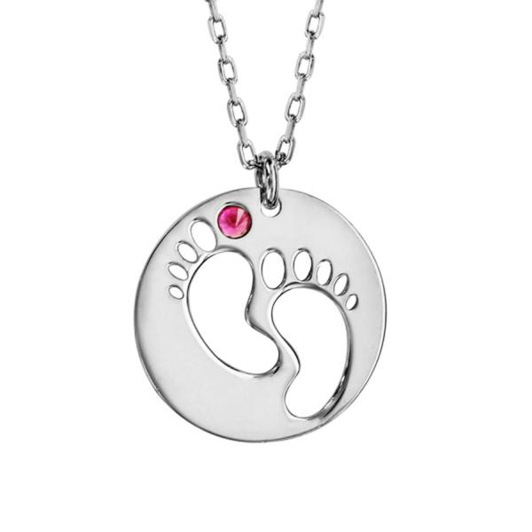 Collier Argent 925 Pendentif Empreinte Pieds Pierre de Synthèse Rose