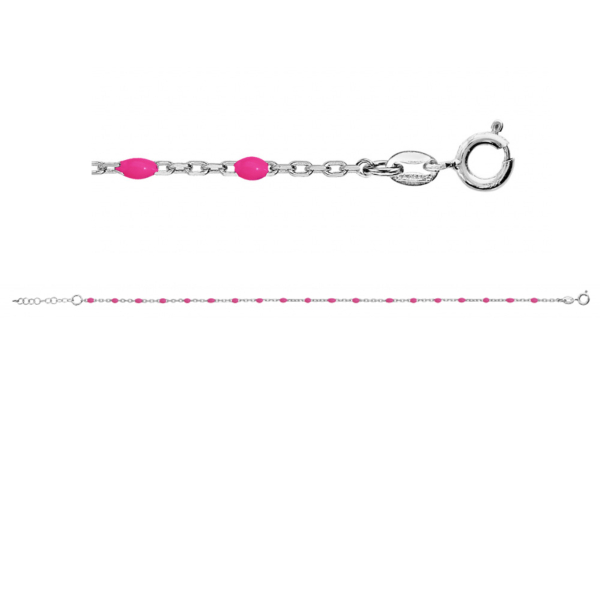 Chaîne de Cheville Argent 925 Rhodié Olives Résine Rose Fluo