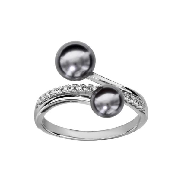 Bague Argent 925 2 Perles Grises d'imitation + Zirconium