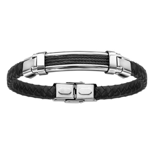 Bracelet Acier 316 L Cuir Noir Tresse Cable Noir 3 Rangs 21 cm