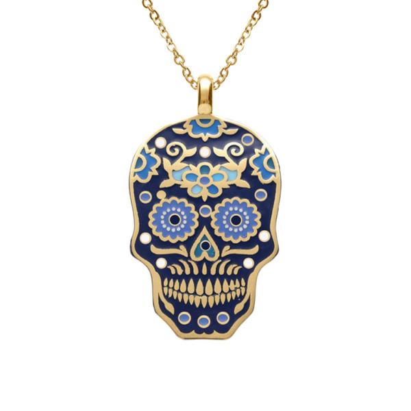 Collier Acier 316 L Doré Tête de Mort Résine Bleu