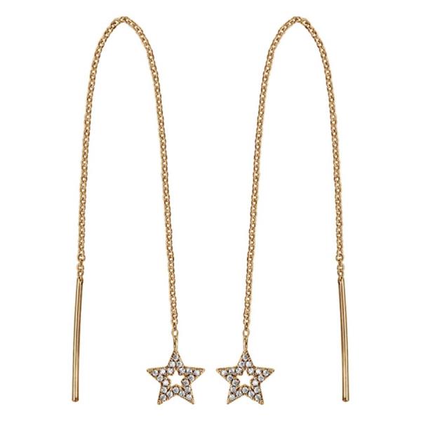 Boucles d'oreilles Plaqué Or Traversante Longue Chainette Baguette et Etoiles avec Zirconium