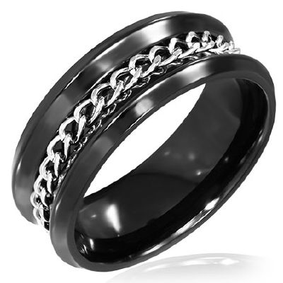 Bague Acier 316 L  Noir Concave + Chaîne Gourmette