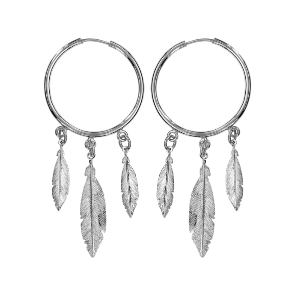 Boucles d'oreilles Argent 925 Créoles 3 Plumes Diam. 25 mm
