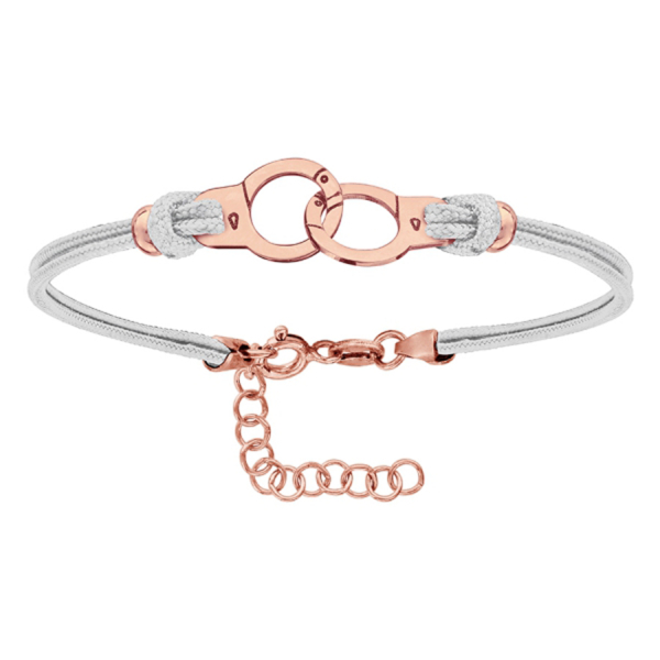 Bracelet Argent 925 Cordon Blanc Motif Menottes Dorure Rose