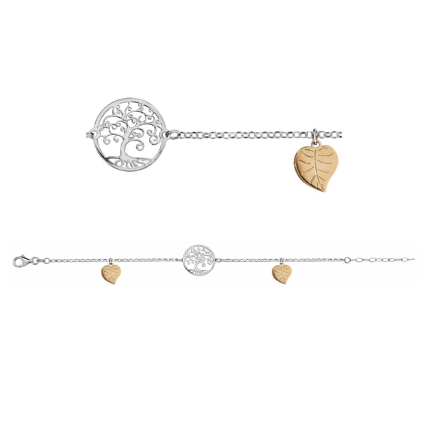 Bracelet Argent 925 Arbre de Vie et 2 Feuilles Dorure Jaune