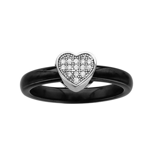 Bague Argent 925 Anneau Céramique Coeur Zirconium Micro Sertis Noire