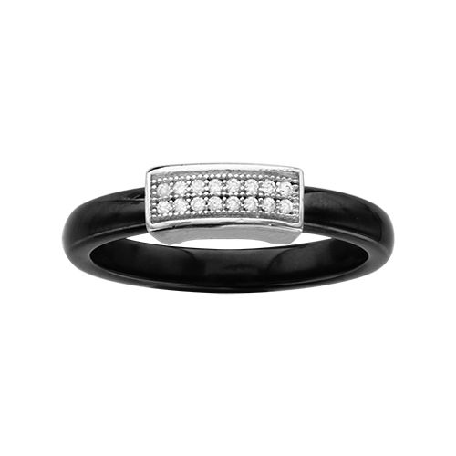 Bague Argent 925 Anneau Céramique Petite Barette Zirconium Micro Sertis Noire