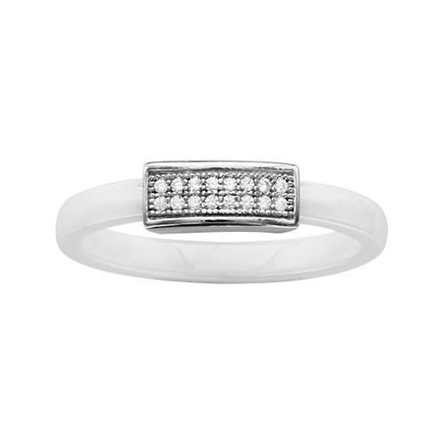 Bague Argent 925 Anneau Céramique Petite Barette Zirconium Micro Sertis Blanche