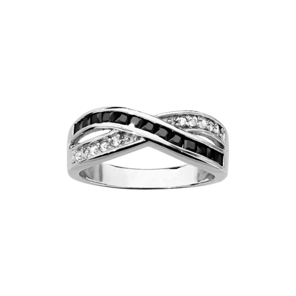 Bague Argent 925 Croisée Zirconium Noirs et Blancs