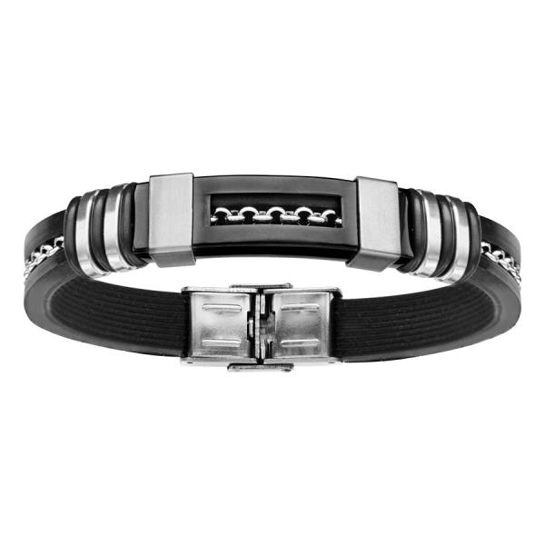 Bracelet Acier 316 L Caoutchouc Plaque Céramique Noire avec Chainette