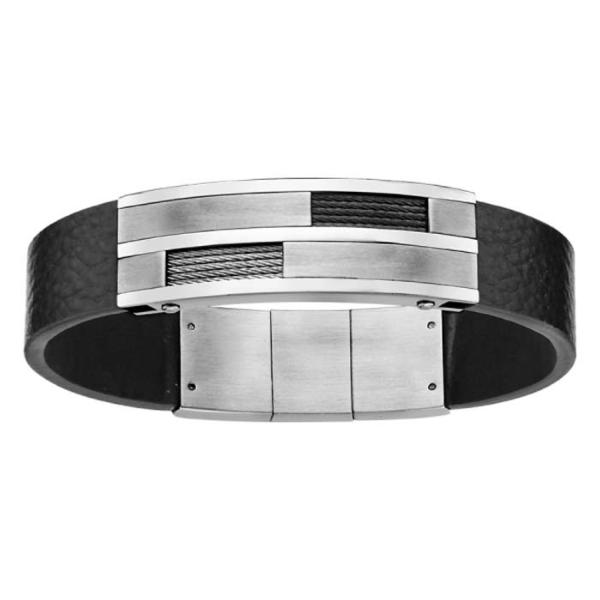 Bracelet Acier 316 L Cuir Noir Plaque Noir avec Cables Noir et Gris