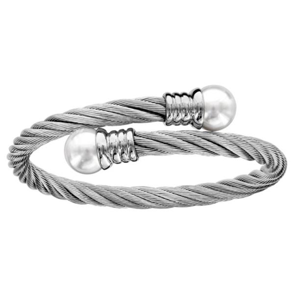 Bracelet Acier 316 L Cable Torsadé Ouvert 5 mm 2 Perles de Synthèse Blanches