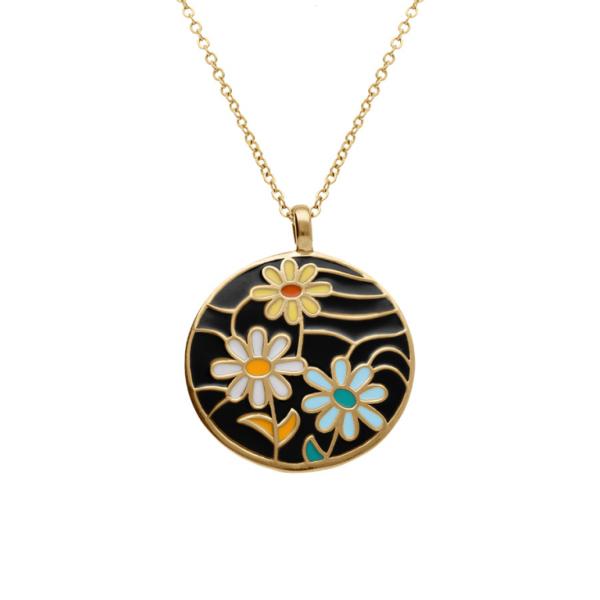 Collier Acier 316 L Doré Rond Fleurs Fond Résine Noire