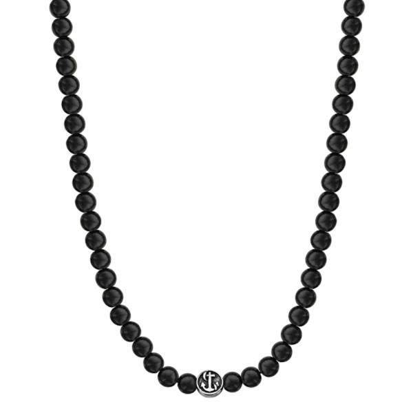 Collier Acier 316 L Perles de Bois Noir Motif Marin Patiné