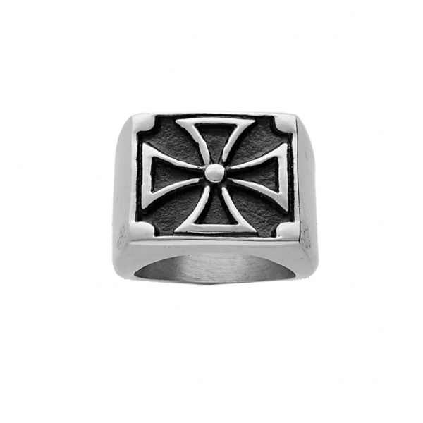 Bague Chevalière Acier 316 L Résine Noire Carré avec Croix