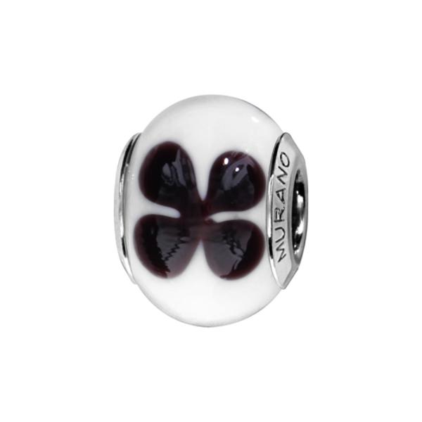 Charms Argent 925 Perle Murano Blanc Fleur Noire