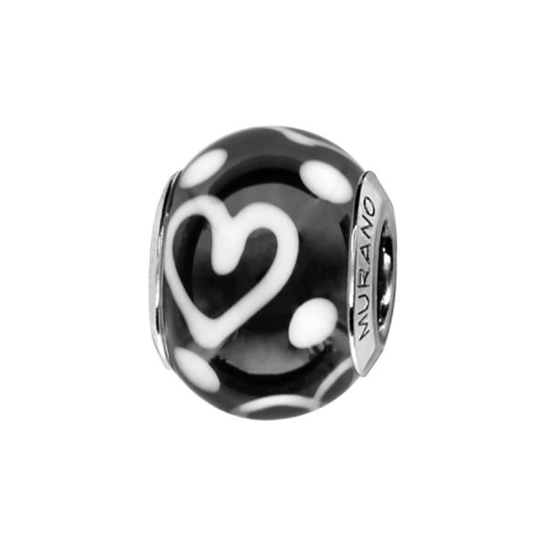 Charms Argent 925 Perle Murano Noir Coeur Blanc