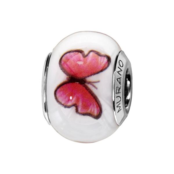 Charms Argent 925 Perle Murano Blanc Papillon