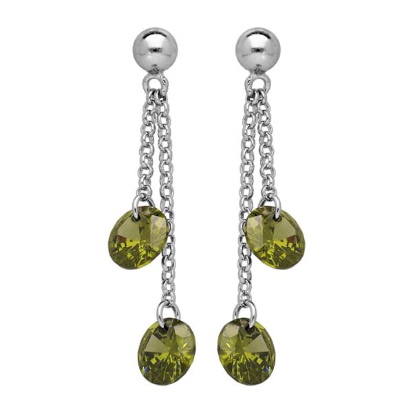 Boucles d'oreilles Argent 925 Double Chainette Pierre Synthese Verte
