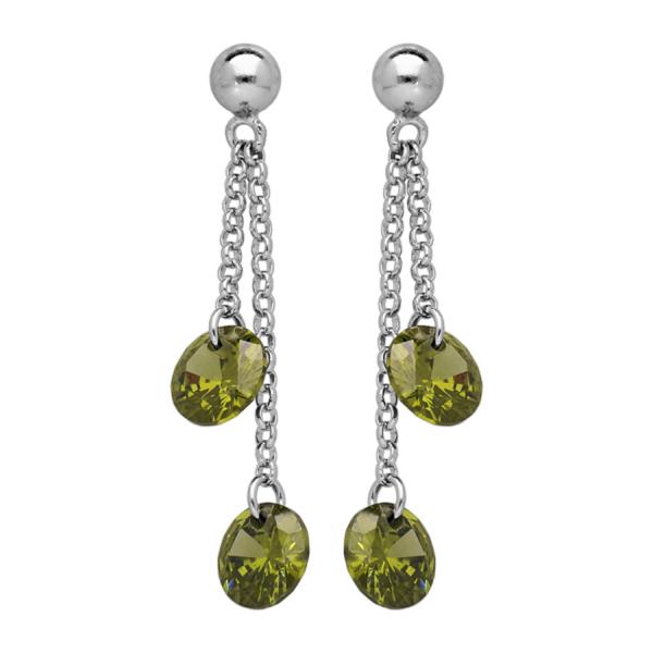 Boucles d'oreilles Argent 925 Double Chainette Pierre Synthese Verte