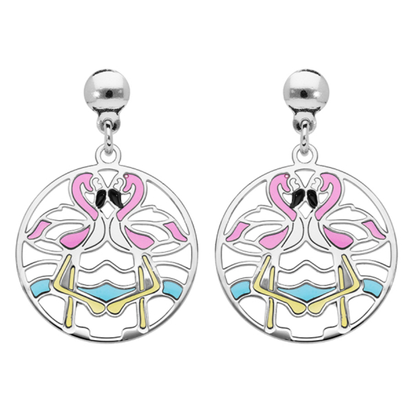 Boucles d'oreilles Argent 925 Flamant Rose Vitrail Translucide 