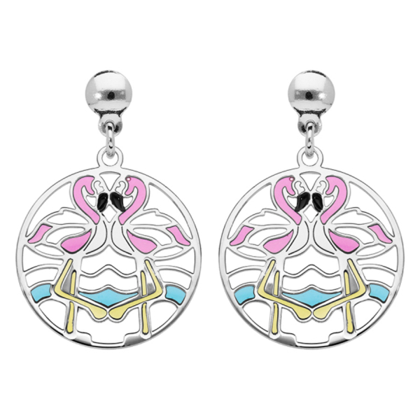 Boucles d'oreilles Argent 925 Flamant Rose Vitrail Translucide 