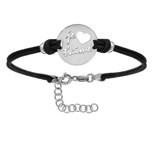 Bracelet Argent 925 Double Cordons Noirs Rondelle "Je t'aime" Evidé