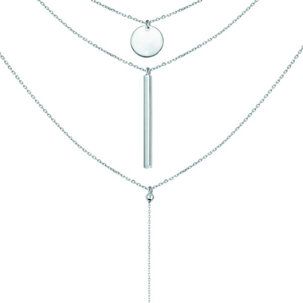 Collier Argent 925 Triple Chaîne Pendante Pastille Boule et Tube 17 cm 