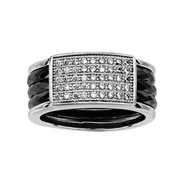 Bague Argent 925 3 Anneaux Céramique Noire Facetés Pavé Zirconium